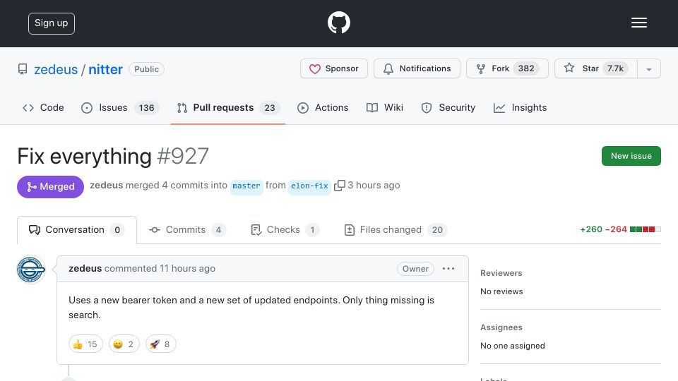 Screenshot of github.com: Nitter is working again