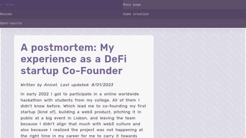Screenshot of anicetnougaret.fr: Postmortem: Co-founding a Web3 startup as a crypto skeptic young dev