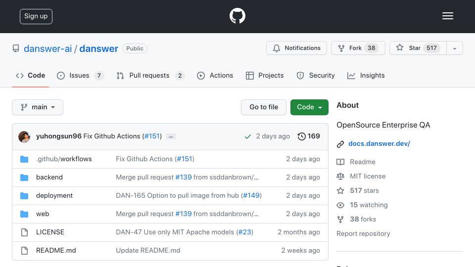 Screenshot of github.com: Show HN: Danswer – Open-source question answering across all your docs