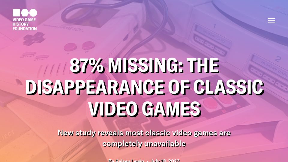 Screenshot of gamehistory.org: New study reveals most classic video games are unavailable