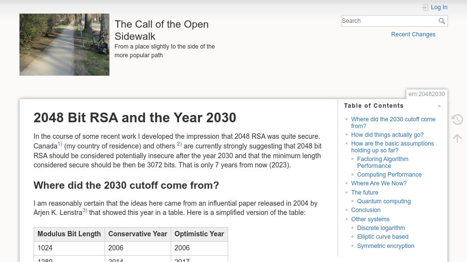 Screenshot of articles.59.ca: 2048 Bit RSA and the Year 2030