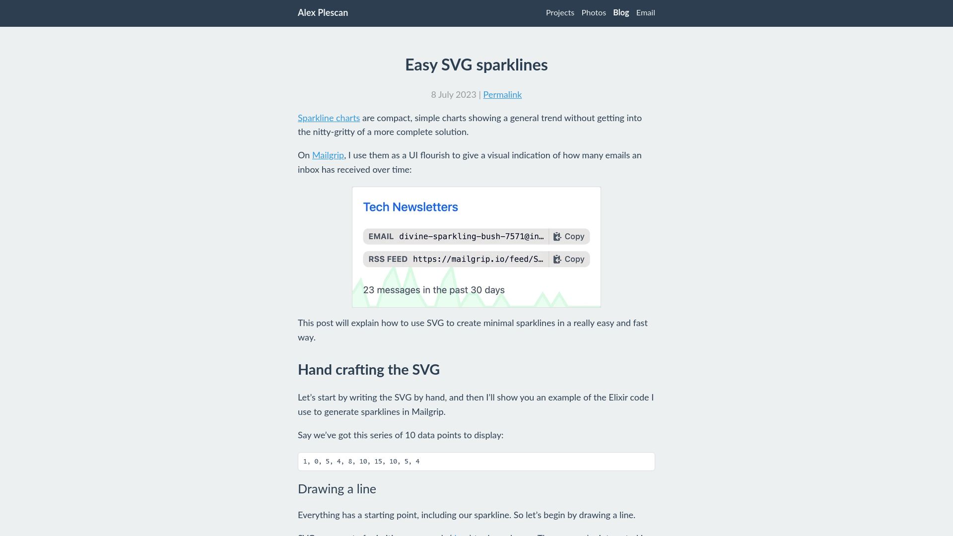 Screenshot of alexplescan.com: Easy SVG sparklines