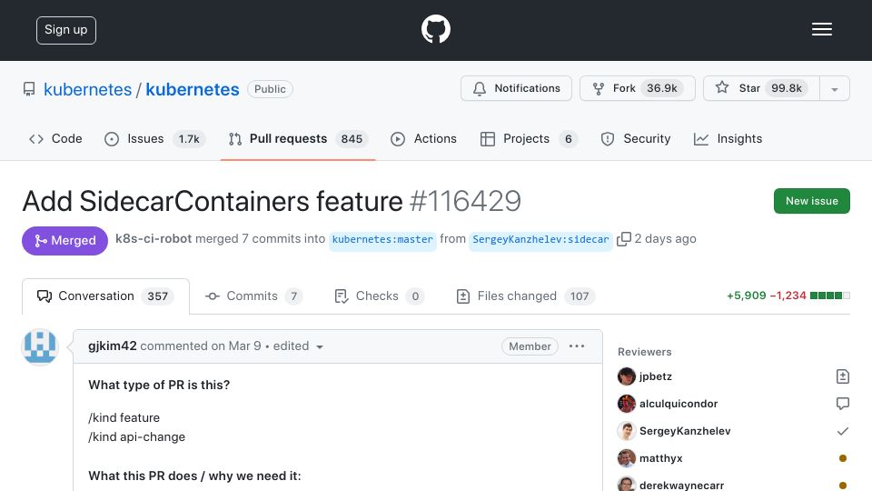 Screenshot of github.com: Kubernetes SidecarContainers feature is merged