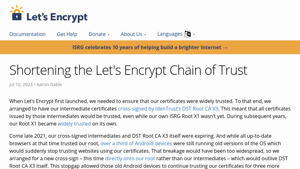 Screenshot of letsencrypt.org: Shortening the Let's Encrypt chain of trust