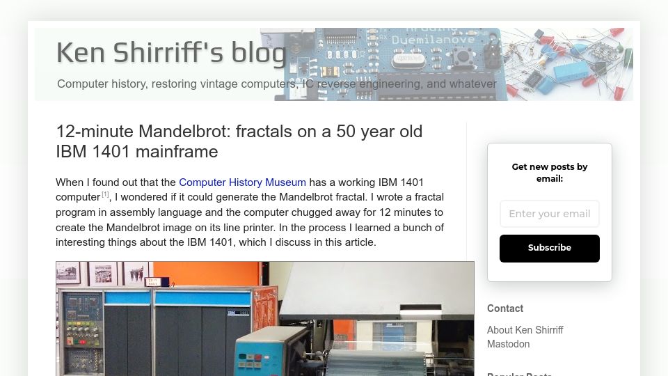 Screenshot of righto.com: Fractals on an IBM 1401 mainframe (2015)
