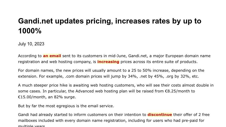 Screenshot of chatting.neocities.org: Gandi.net updates pricing, increases rates by up to 1000%