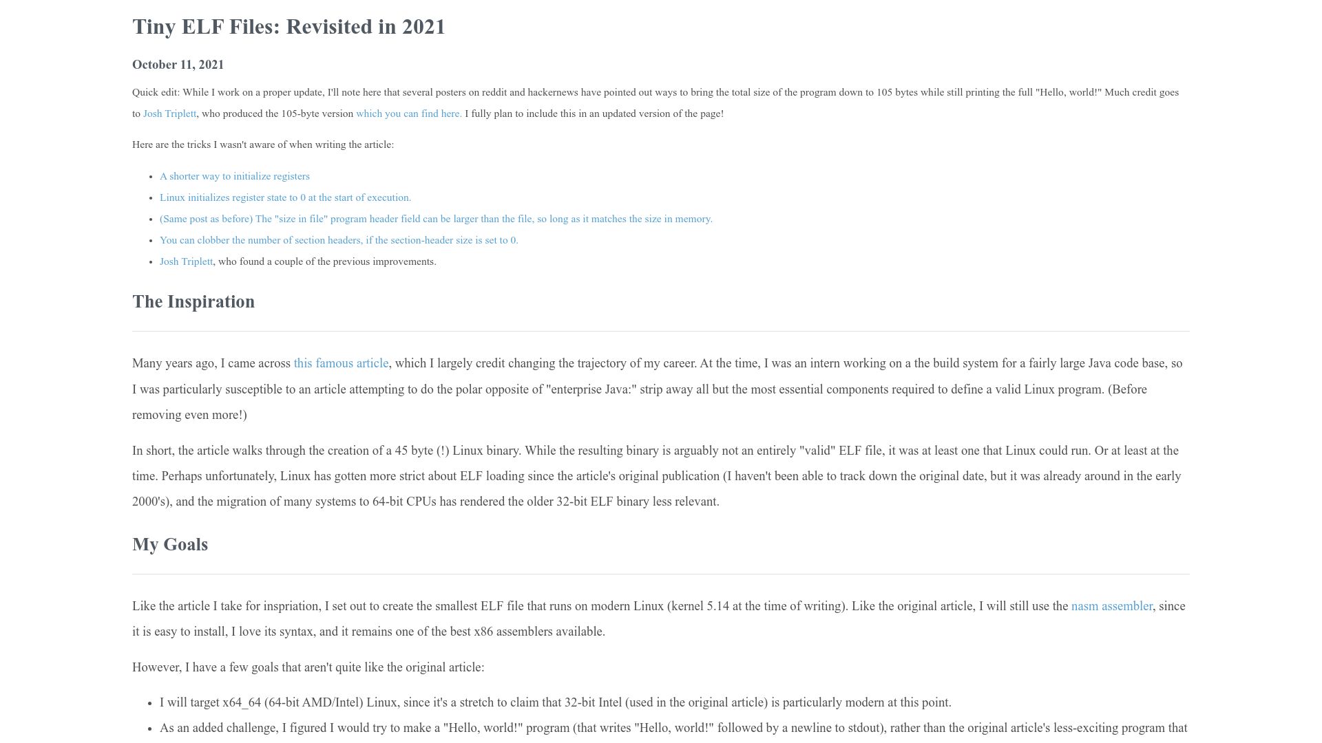 Screenshot of nathanotterness.com: Tiny ELF Files: Revisited in 2021