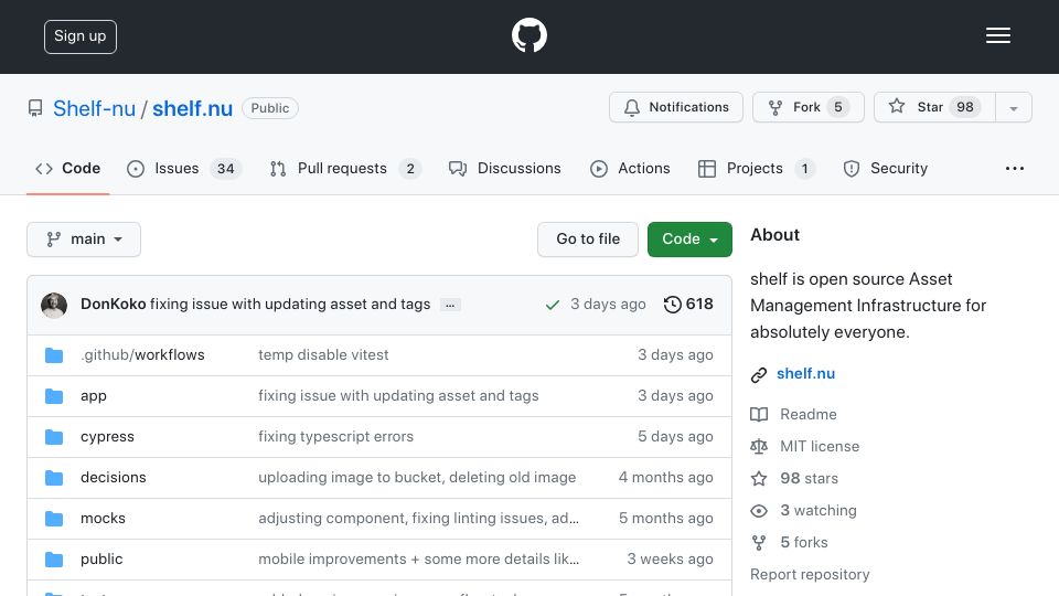 Screenshot of github.com: Shelf – open-source asset management software