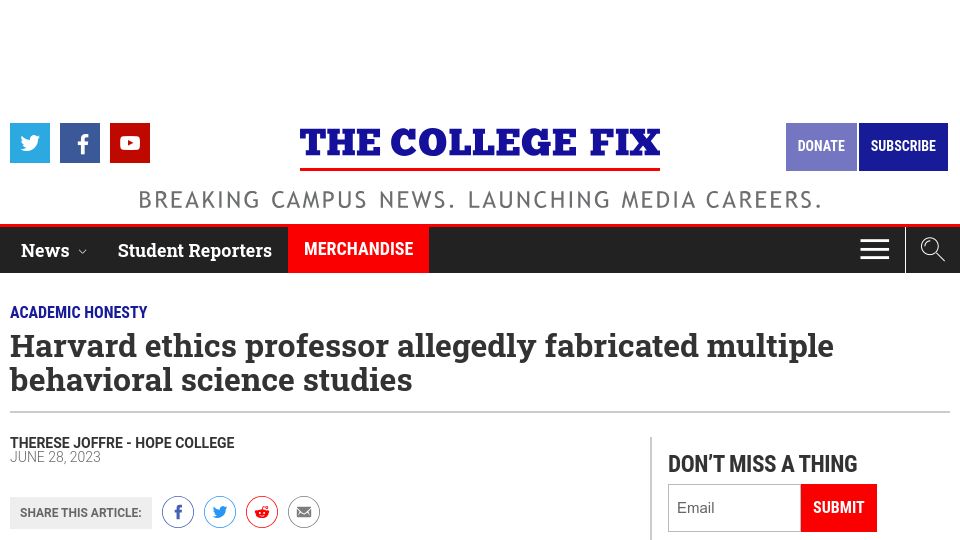 Screenshot of thecollegefix.com: Harvard ethics prof fabricated multiple behavioral science studies
