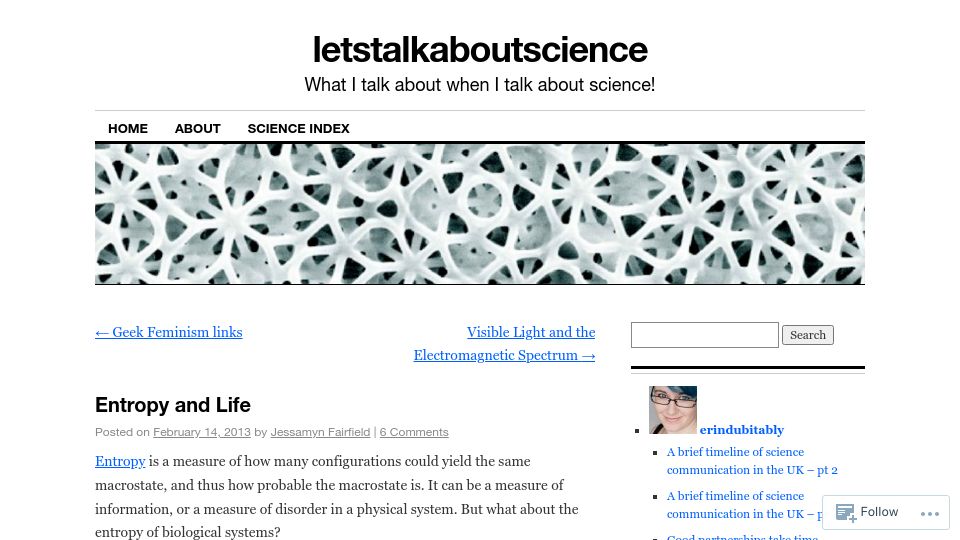 Screenshot of letstalkaboutscience.wordpress.com: Entropy and Life (2013)