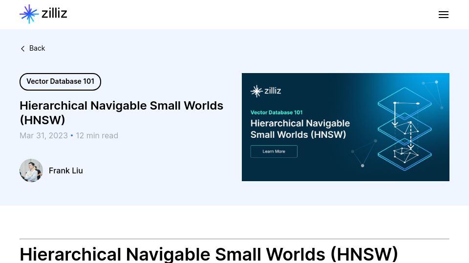 Screenshot of zilliz.com: Hierarchical Navigable Small Worlds
