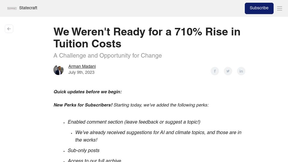 Screenshot of statecraft.beehiiv.com: Tuition costs have risen 710% since 1983