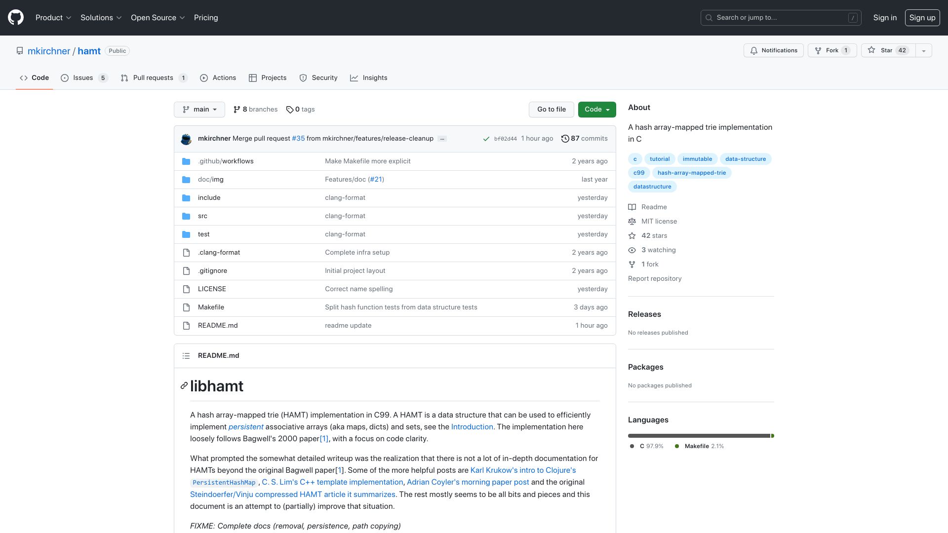 Screenshot of github.com: Show HN: A hash array-mapped trie implementation in C