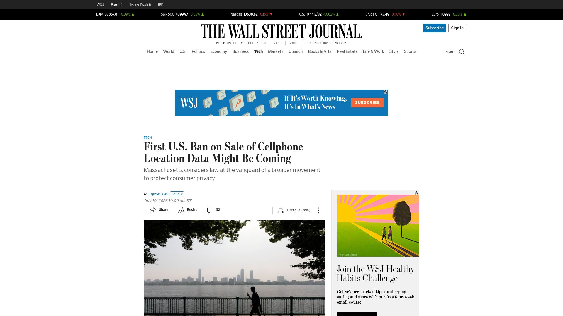 Screenshot of wsj.com: First U.S. ban on sale of cellphone location data might be coming