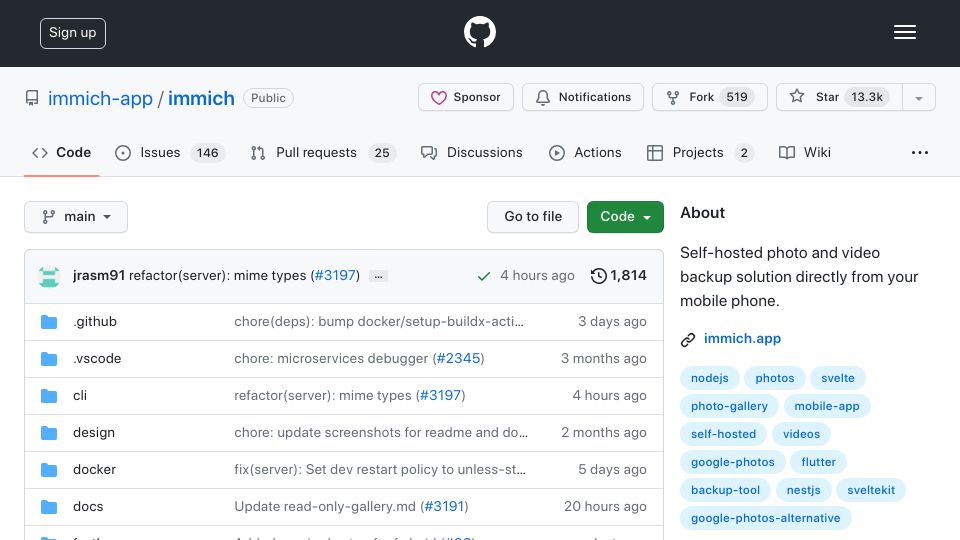 Screenshot of github.com: Self-hosted photo and video backups directly from your mobile phone