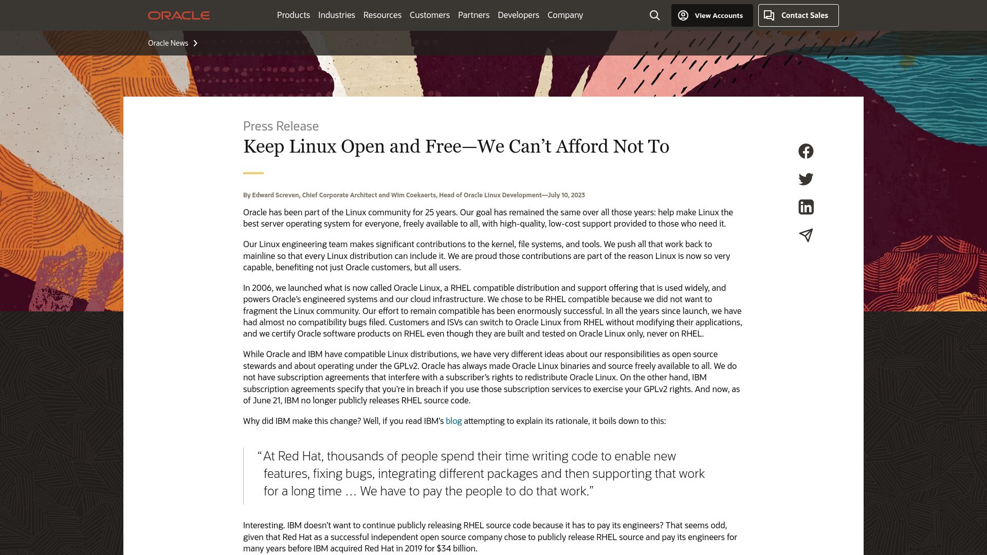 Screenshot of oracle.com: Keep Linux Open and Free–We Can’t Afford Not To