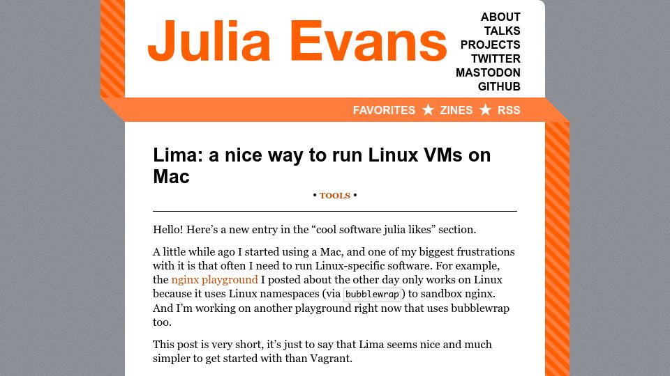 Screenshot of jvns.ca: Lima: A nice way to run Linux VMs on Mac