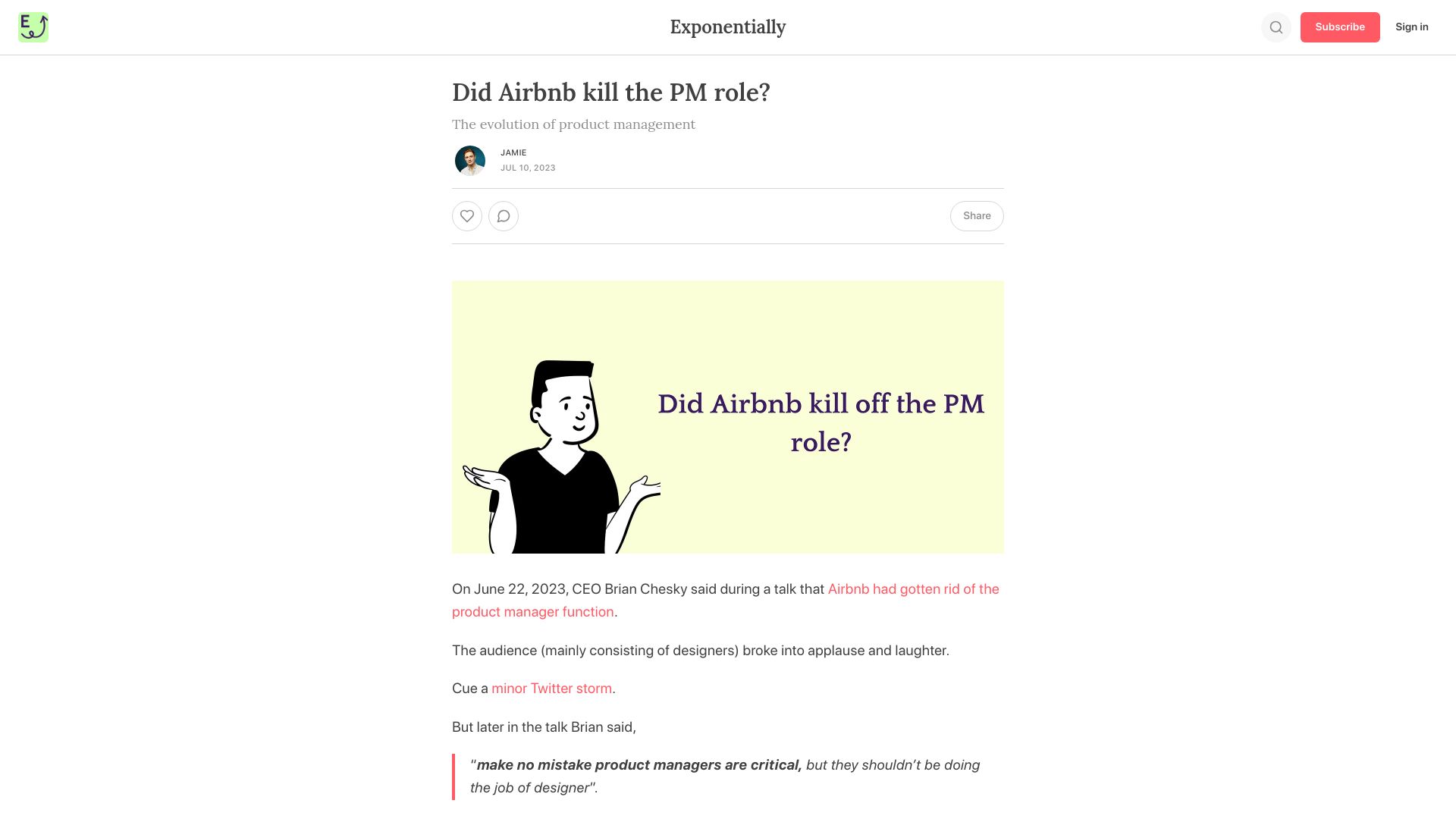 Screenshot of exponentially.substack.com: Did Airbnb kill the PM role?