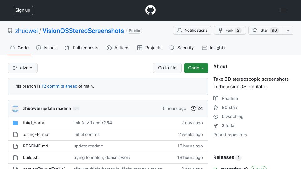 Screenshot of github.com: Apple VisionOS Simulator streaming wirelessly to Meta Quest headset