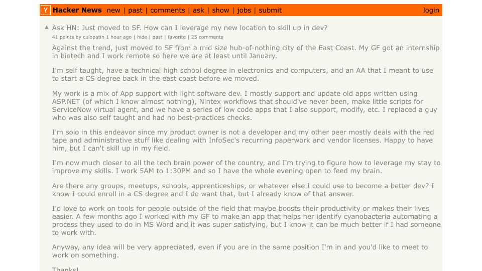 Screenshot of Hacker News post: Ask HN: Just moved to SF. How can I leverage my new location to skill up in dev?