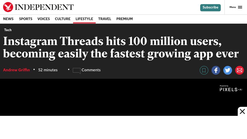 Screenshot of independent.co.uk: Instagram Threads hits 100M users, becoming the fastest growing app