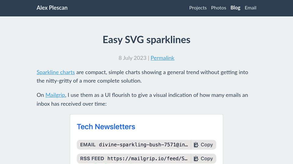 Screenshot of alexplescan.com: Easy SVG sparklines
