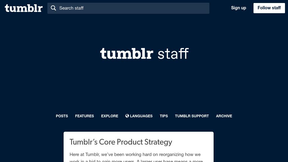 Screenshot of staff.tumblr.com: Tumblr’s core product strategy