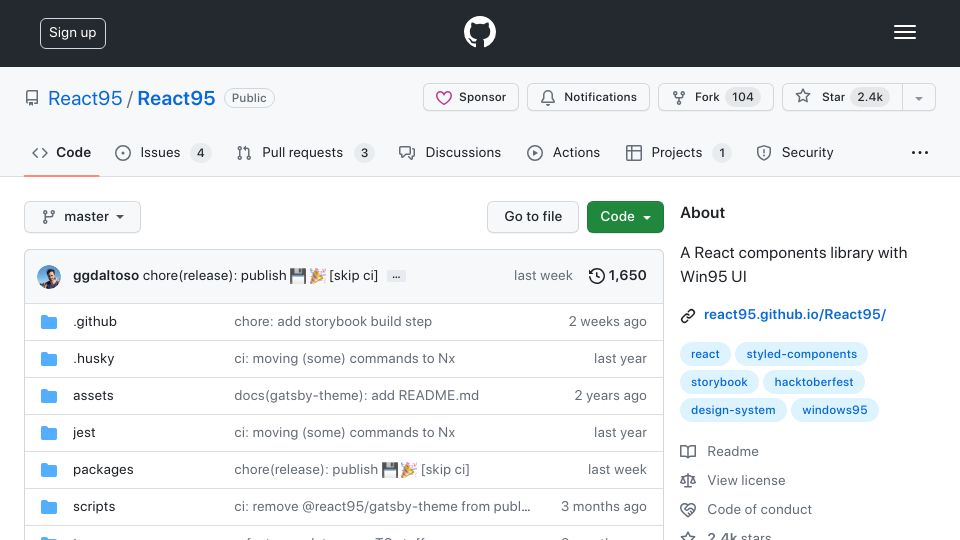 Screenshot of github.com: Show HN: React95 – A React components library recreating the look of Windows 95