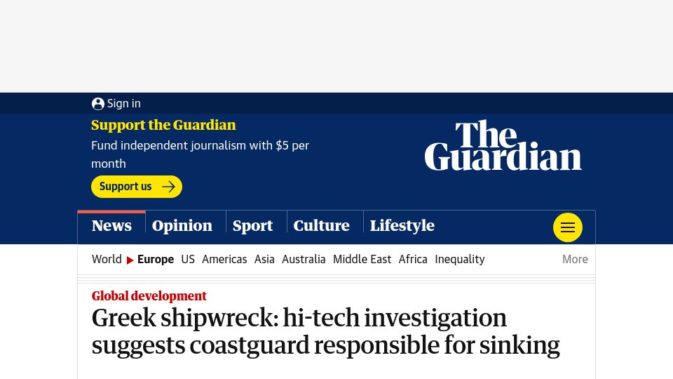 Screenshot of theguardian.com: Greek shipwreck: hi-tech investigation suggests coastguard responsible