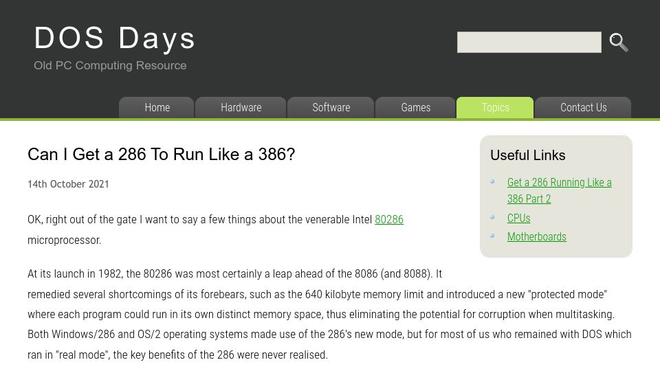 Screenshot of dosdays.co.uk: A 286 running like a 386? (2021)