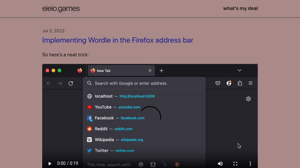 Screenshot of eieio.games: Implementing Wordle in the Firefox address bar