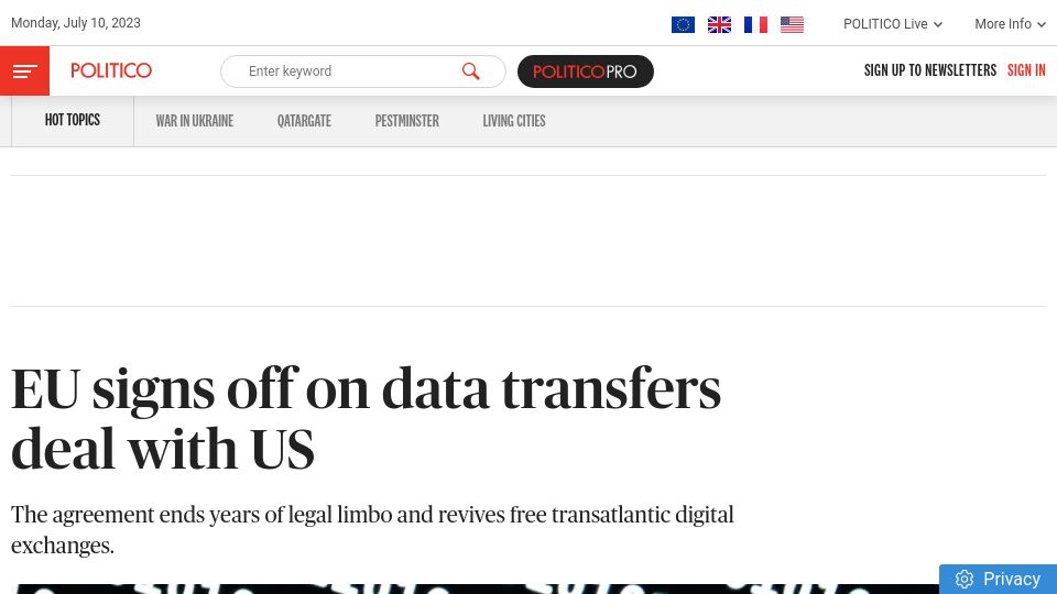 Screenshot of politico.eu: EU signs off on data transfers deal with US