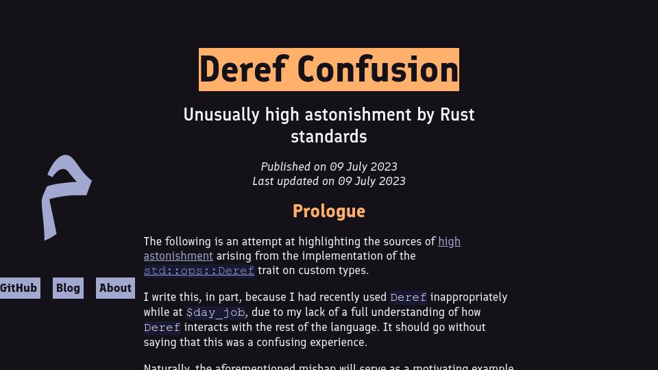 Screenshot of fuzzypixelz.com: Mistakes with Rust smart pointers: when Deref goes wrong