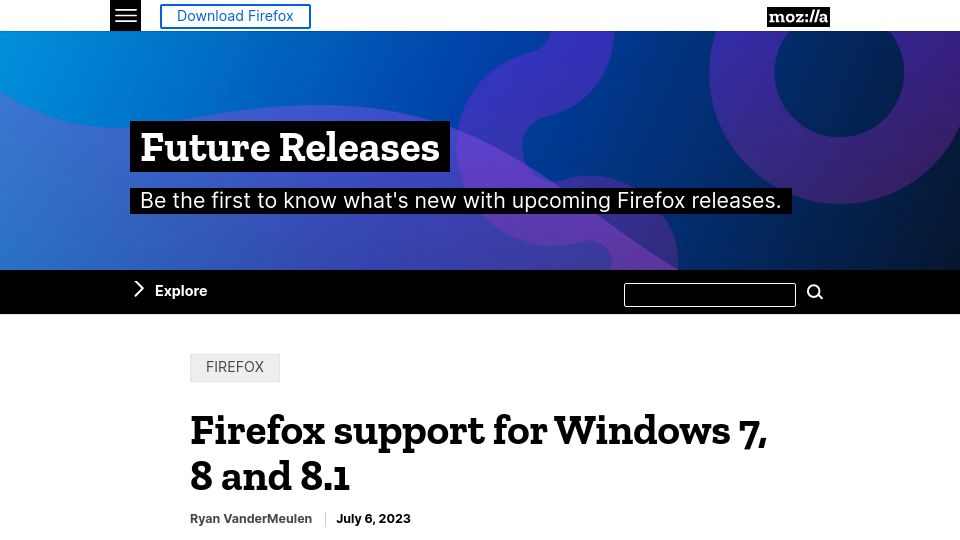 Screenshot of blog.mozilla.org: Mozilla ending support for Windows 7