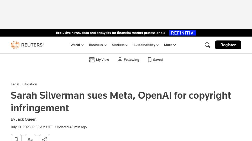 Screenshot of reuters.com: Sarah Silverman sues Meta, OpenAI for copyright infringement
