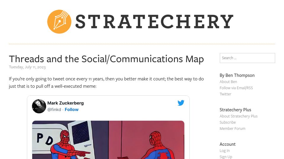 Screenshot of stratechery.com: Threads and the Social/Communications Map