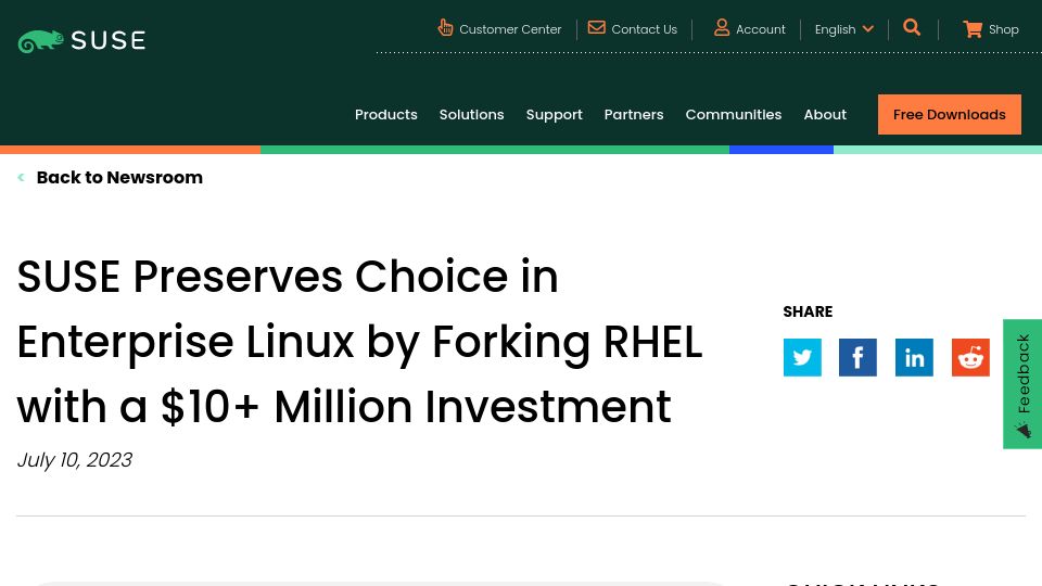 Screenshot of suse.com: SUSE is forking RHEL