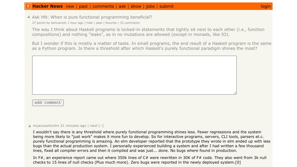 Screenshot of Hacker News post: Ask HN: When is pure functional programming beneficial?