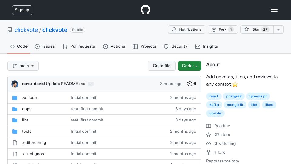 Screenshot of github.com: Show HN: Clickvote – Open-source upvotes, likes, and reviews to any context