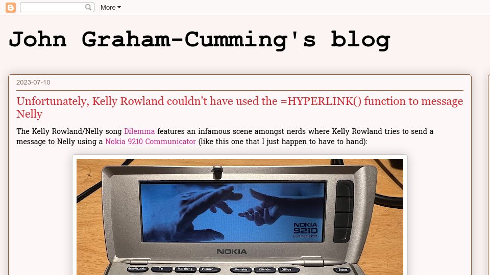 Screenshot of blog.jgc.org: Kelly Rowland couldn't have used the =HYPERLINK() function to message Nelly