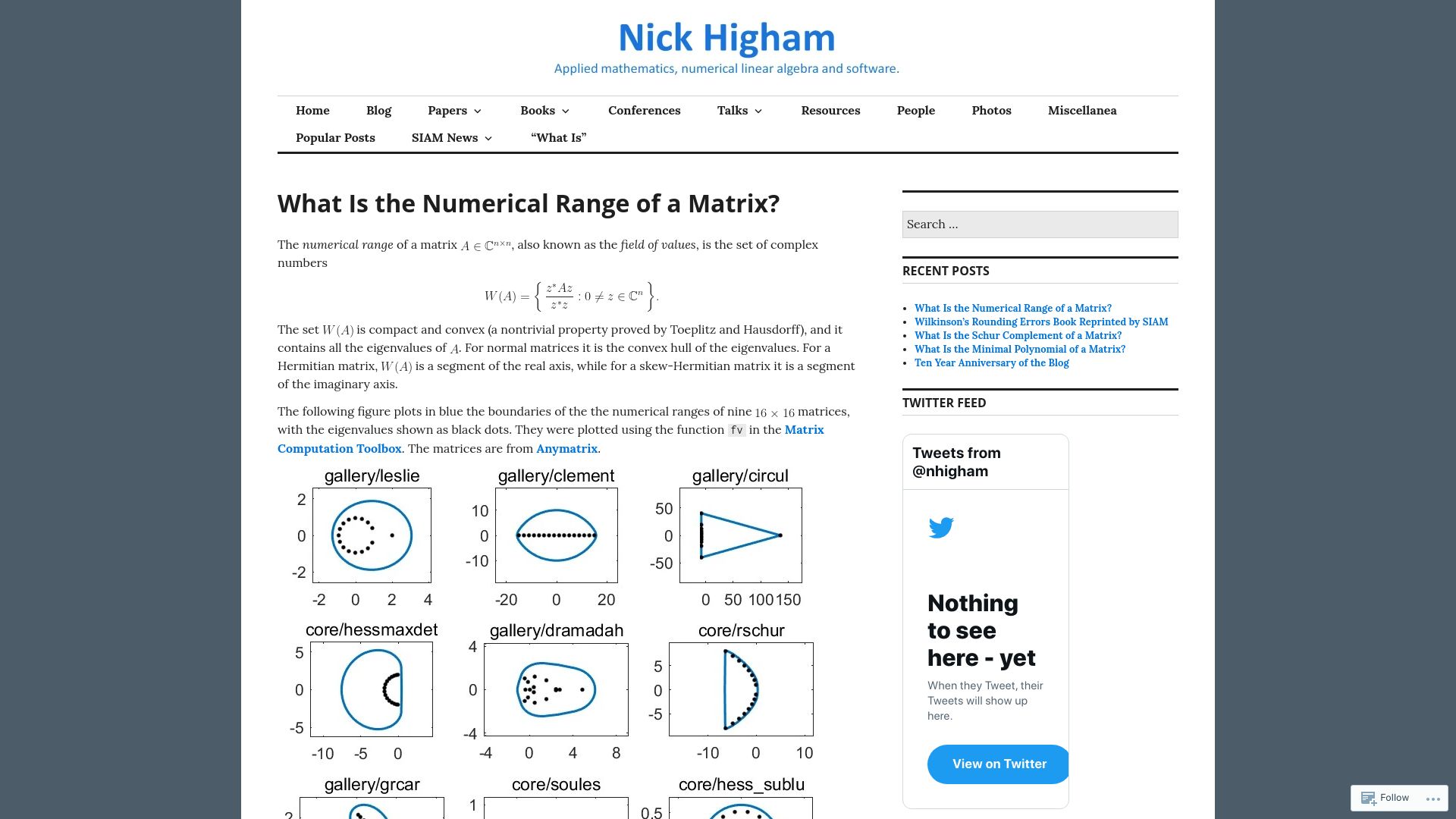 Screenshot of nhigham.com: What Is the Numerical Range of a Matrix?