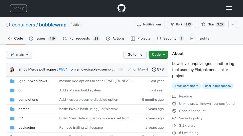 Screenshot of github.com: Bubblewrap – Low-level unprivileged sandboxing tool used by Flatpak