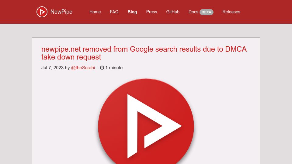 Screenshot of newpipe.net: Newpipe.net removed from Google search results due to DMCA take down request