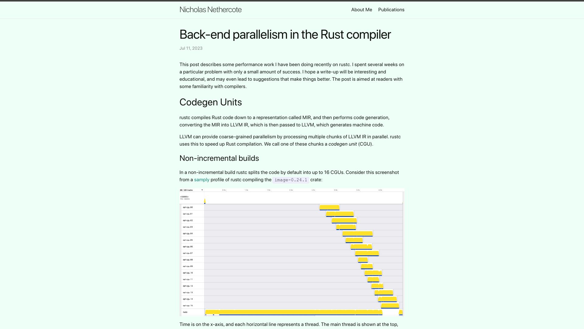 Screenshot of nnethercote.github.io: Back-end parallelism in the Rust compiler