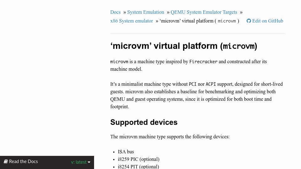 Screenshot of qemu.readthedocs.io: MicroVM by QEMU