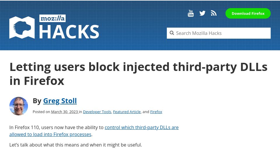 Screenshot of hacks.mozilla.org: Letting users block injected third-party DLLs in Firefox