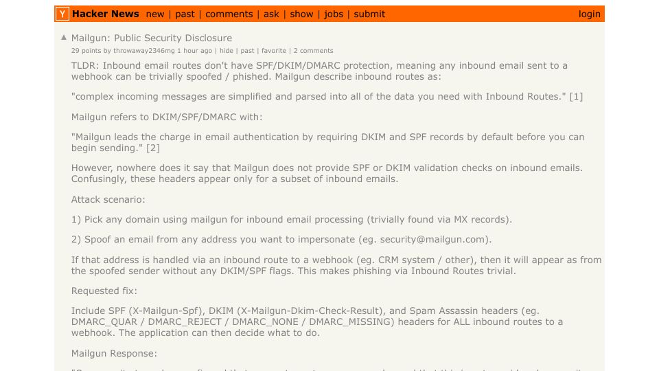 Screenshot of Hacker News post: Mailgun: Public Security Disclosure