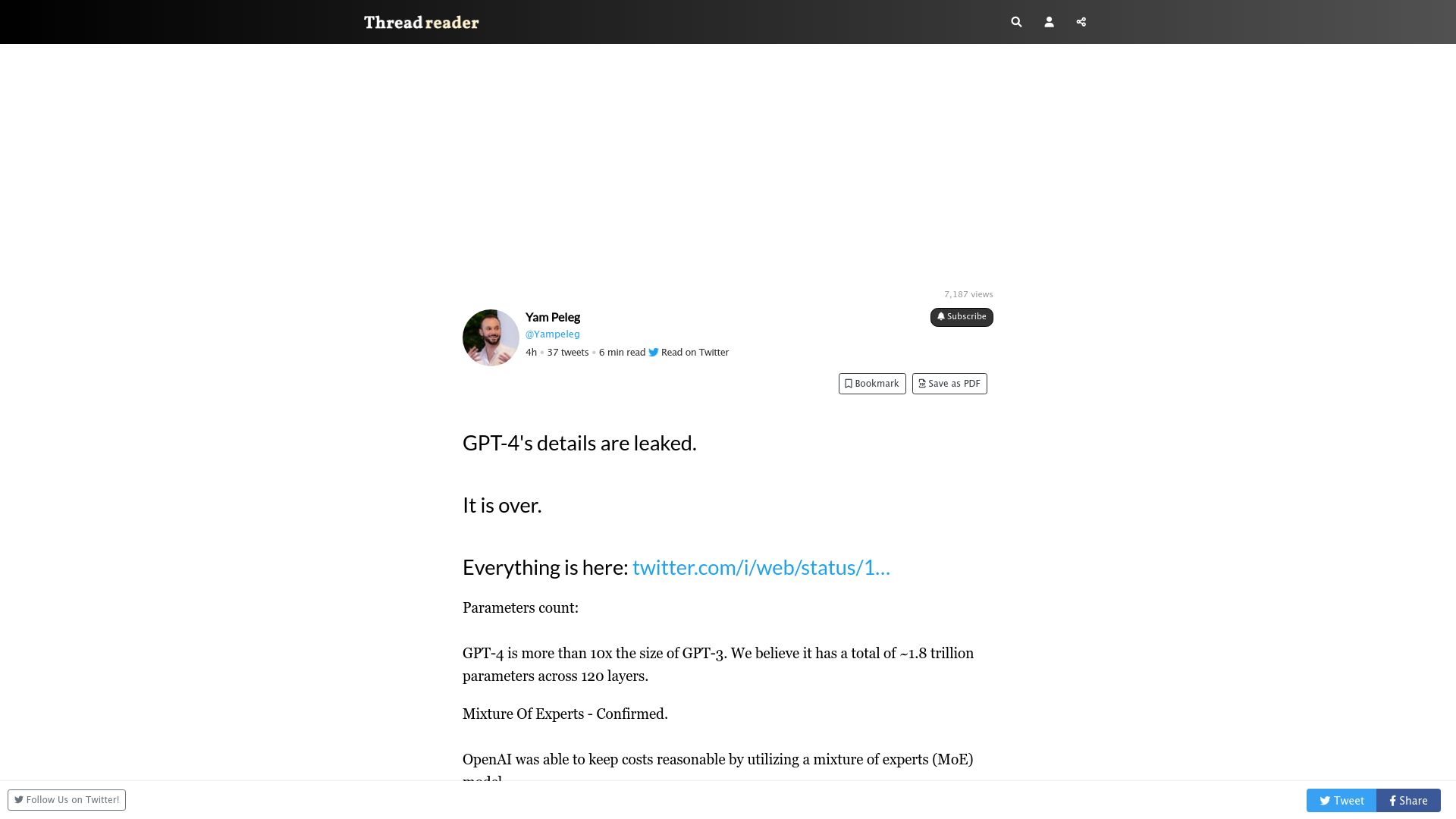 Screenshot of threadreaderapp.com: GPT-4 details leaked?