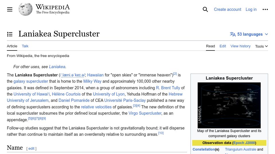 Screenshot of en.wikipedia.org: Laniakea Supercluster