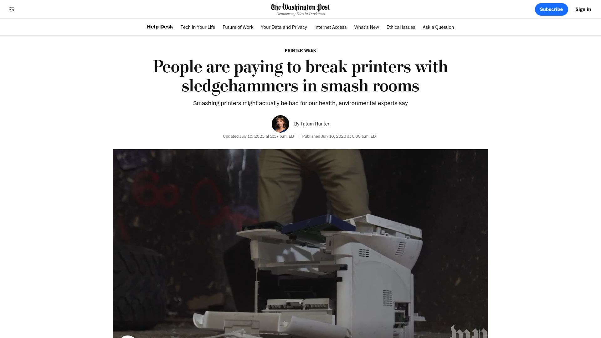 Screenshot of washingtonpost.com: People are paying to break printers with sledgehammers in smash rooms